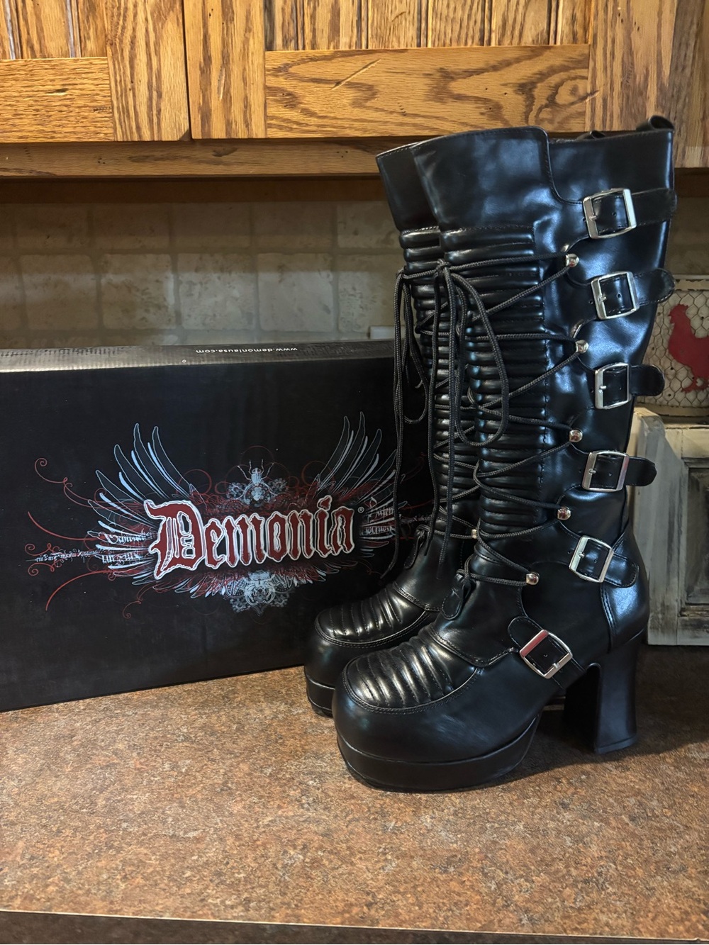Demonia Black Lace-Up Platform Buckle Knee Boots